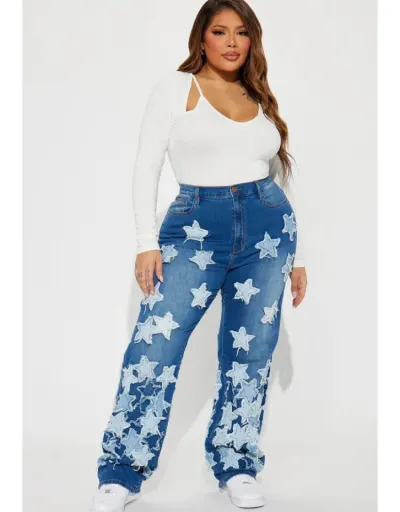 Star Applique Distressed Wide Leg Plus Size Jeans #802841 $65.83 USD, Wholesale Fashion Jeans