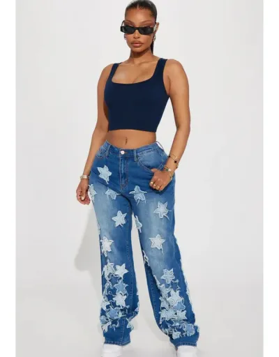 Replica Star Applique Distressed Wide Leg Plus Size Jeans #802841 $65.83 USD for Wholesale