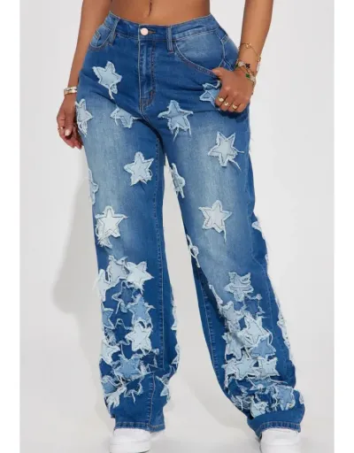 Replica Star Applique Distressed Wide Leg Plus Size Jeans #802841 $65.83 USD for Wholesale