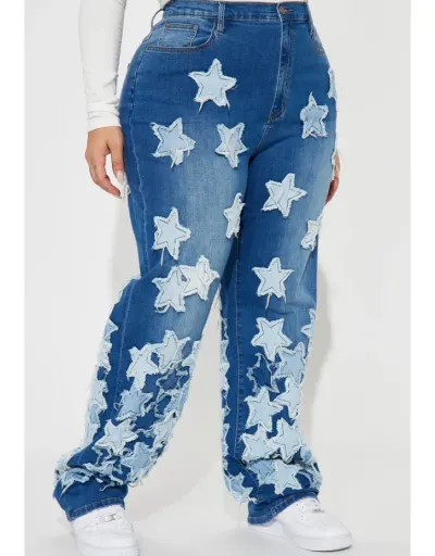 Replica Star Applique Distressed Wide Leg Plus Size Jeans #802841 $65.83 USD for Wholesale