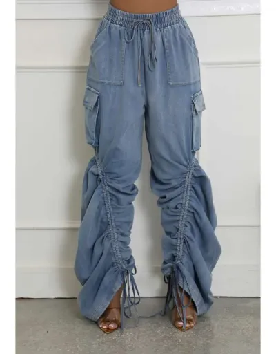 Lace Up Pure Color Ruched Wide Leg Cargo Jeans #802845 $82.23 USD, Wholesale Fashion Jeans