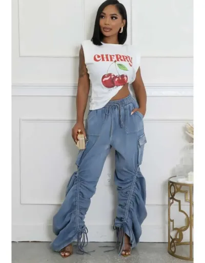 Replica Lace Up Pure Color Ruched Wide Leg Cargo Jeans #802845 $82.23 USD for Wholesale