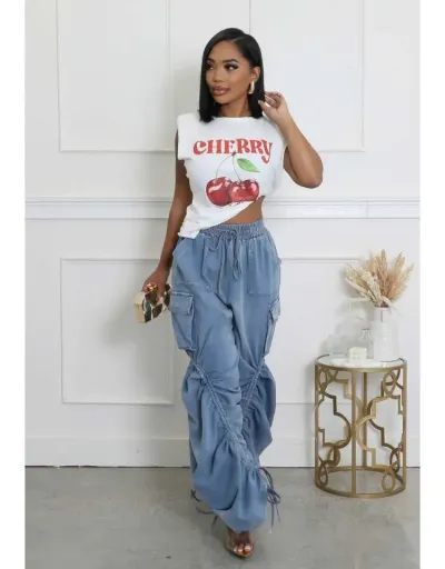 Replica Lace Up Pure Color Ruched Wide Leg Cargo Jeans #802845 $82.23 USD for Wholesale