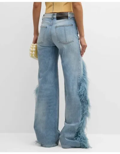 Replica Fake Fur Patchwork Denim Wide Leg Jeans #802847 $71.25 USD for Wholesale