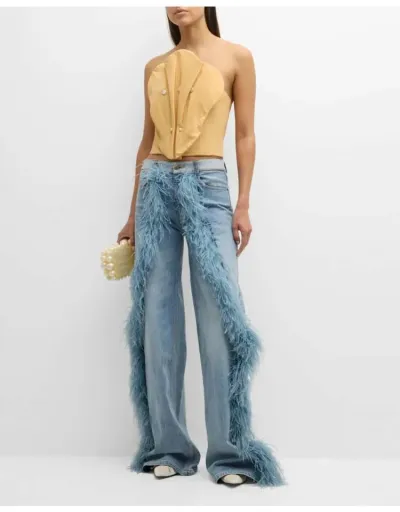 Replica Fake Fur Patchwork Denim Wide Leg Jeans #802847 $71.25 USD for Wholesale