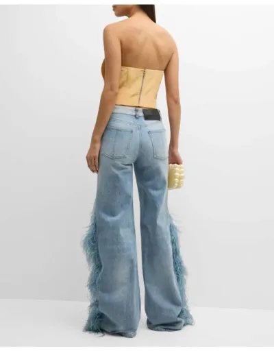 Replica Fake Fur Patchwork Denim Wide Leg Jeans #802847 $71.25 USD for Wholesale