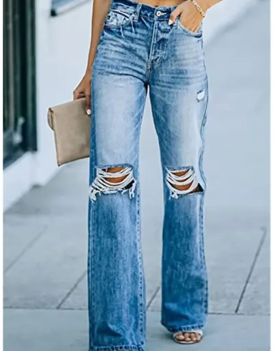 Ripped Washed Straight Denim Jeans #802849 $38.45 USD, Wholesale Fashion Jeans