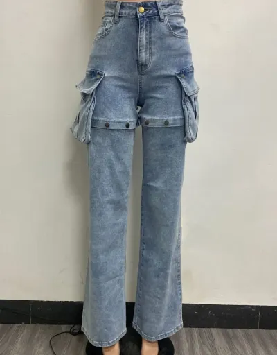 Replica Hollow Out Detachable Denim Cargo Jeans #802854 $63.73 USD for Wholesale