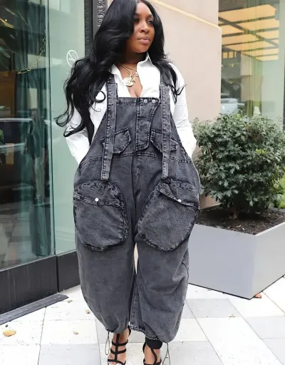 Replica Pocket Patchwork Denim Wide Leg Overalls #802857 $83.78 USD for Wholesale