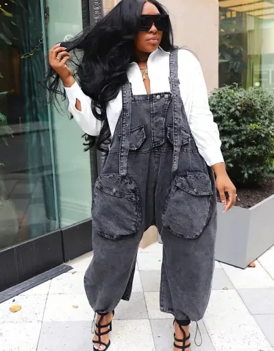 Replica Pocket Patchwork Denim Wide Leg Overalls #802857 $83.78 USD for Wholesale