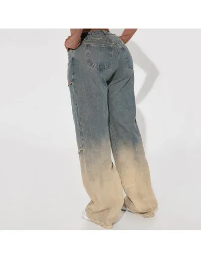 Replica Colorblock Gradient Reverse Seam Raged Hem High Rise Wide Leg Jeans #802866 $58.49 USD for Wholesale