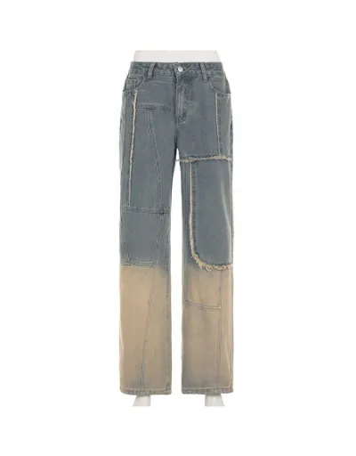 Replica Colorblock Gradient Reverse Seam Raged Hem High Rise Wide Leg Jeans #802866 $58.49 USD for Wholesale