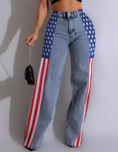 Replica   Stars And Stripes Trim Denim Wide Leg Jeans #802867 $55.78 USD for Wholesale