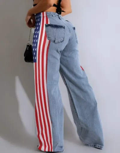 Replica   Stars And Stripes Trim Denim Wide Leg Jeans #802867 $55.78 USD for Wholesale