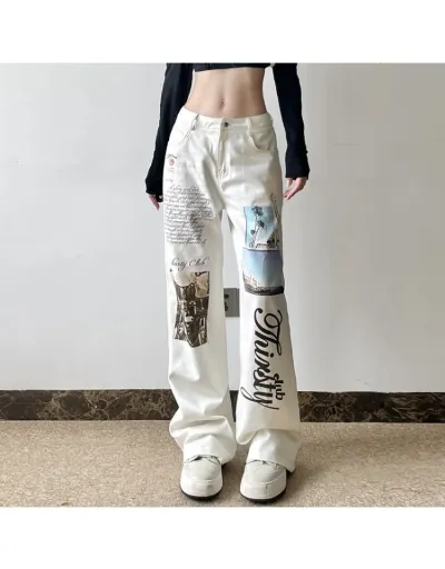 Replica Denim Graffiti Letter Print Straight Jeans #802869 $49.01 USD for Wholesale