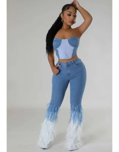 Replica Feather Fringe High Rise Jeans #802871 $85.51 USD for Wholesale