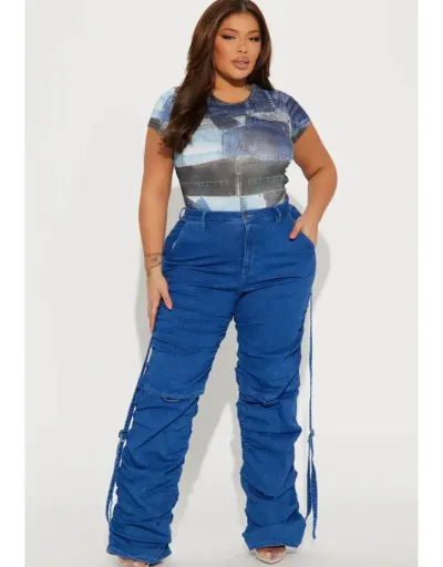 Replica Ruched Trailing Straight Plus Size Jeans #802875 $70.41 USD for Wholesale