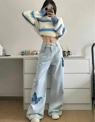 Butterfly Pattern Patchwork Raged Hem Wide Leg Jeans #802882 $43.06 USD, Wholesale Fashion Jeans