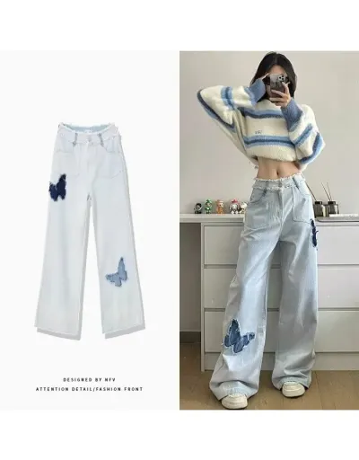 Replica Butterfly Pattern Patchwork Raged Hem Wide Leg Jeans #802882 $43.06 USD for Wholesale