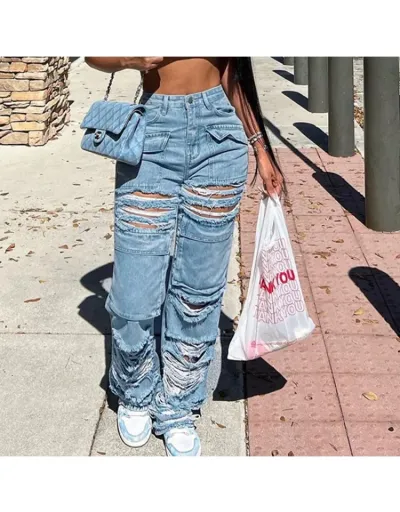 Ripped Raged Hem Patchwork Denim Jeans #802886 $48.45 USD, Wholesale Fashion Jeans