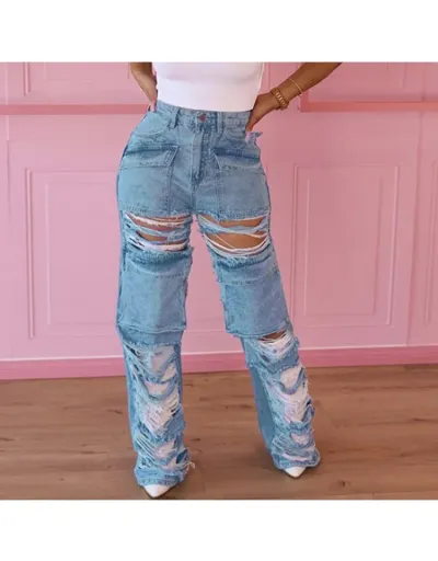 Replica Ripped Raged Hem Patchwork Denim Jeans #802886 $48.45 USD for Wholesale