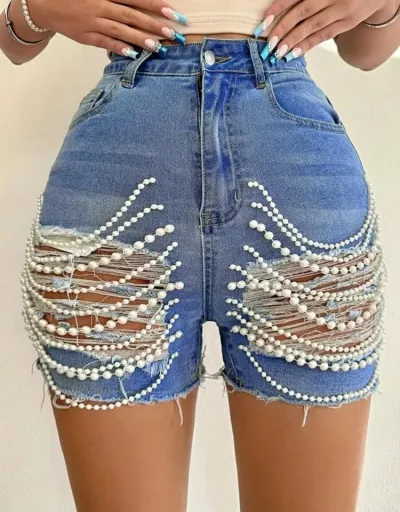 Replica Ripped Bodycon Denim Short Jeans #802887 $43.37 USD for Wholesale