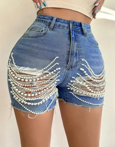 Replica Ripped Bodycon Denim Short Jeans #802887 $43.37 USD for Wholesale