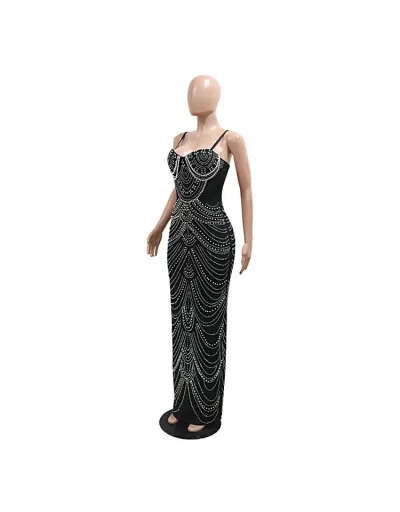 Replica Hotfix Rhinestones Split Hem Spaghetti Straps Maxi Dresses #802911 $71.94 USD for Wholesale