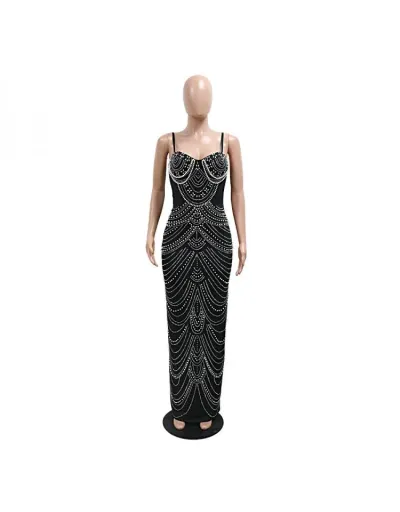 Replica Hotfix Rhinestones Split Hem Spaghetti Straps Maxi Dresses #802911 $71.94 USD for Wholesale