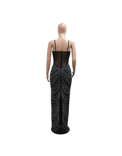 Replica Hotfix Rhinestones Split Hem Spaghetti Straps Maxi Dresses #802911 $71.94 USD for Wholesale