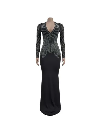 Replica Hotfix Rhinestones High Rise Bodycon Long Sleeve Maxi Dress #802920 $57.28 USD for Wholesale