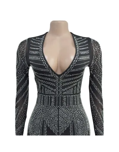 Replica Hotfix Rhinestones High Rise Bodycon Long Sleeve Maxi Dress #802920 $57.28 USD for Wholesale