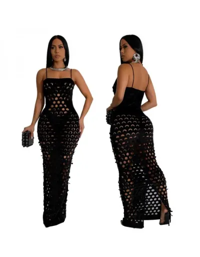 Replica Hollow-out Spaghetti Straps Black Maxi Dress #802931 $43.06 USD for Wholesale