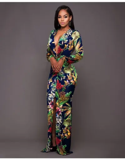 Replica Ruched Flower Printed Long Sleeves Dress #802946 $36.48 USD for Wholesale