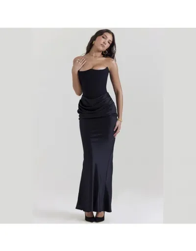 Replica Plain Color Ruched Strapless Sheath Maxi Dress #802965 $46.60 USD for Wholesale