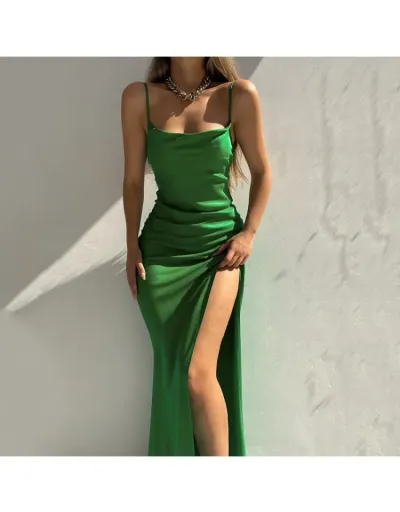 Patchwork Split Hem Backless Satin Maxi Dress #802969 $23.60 USD, Wholesale Fashion 