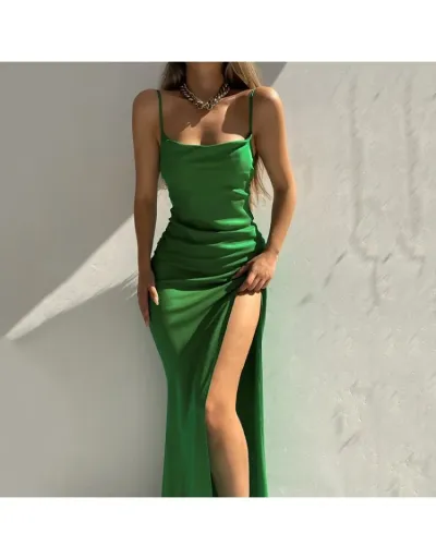 Replica Patchwork Split Hem Backless Satin Maxi Dress #802969 $23.60 USD for Wholesale