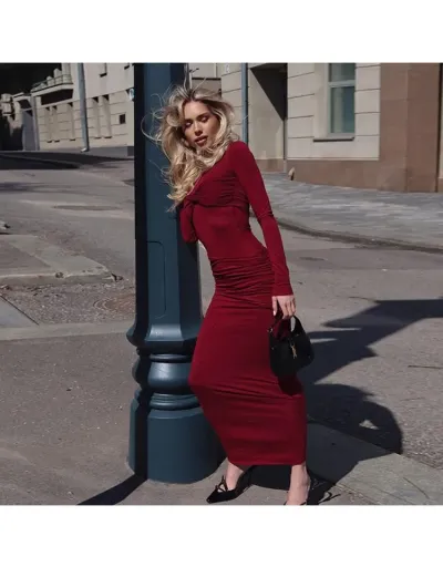 Replica Solid Color Ruched Long Sleeve Maxi Dresses #802970 $34.48 USD for Wholesale