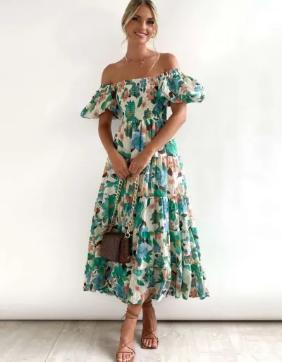 Print Ruffle Bohemian Puff Sleeve Maxi Dress #802983 $38.33 USD, Wholesale Fashion 