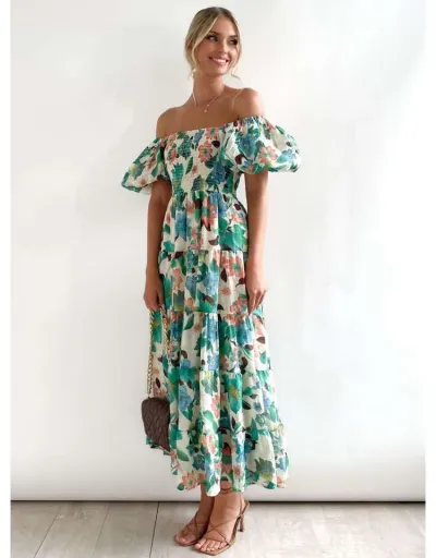 Replica Print Ruffle Bohemian Puff Sleeve Maxi Dress #802983 $38.33 USD for Wholesale