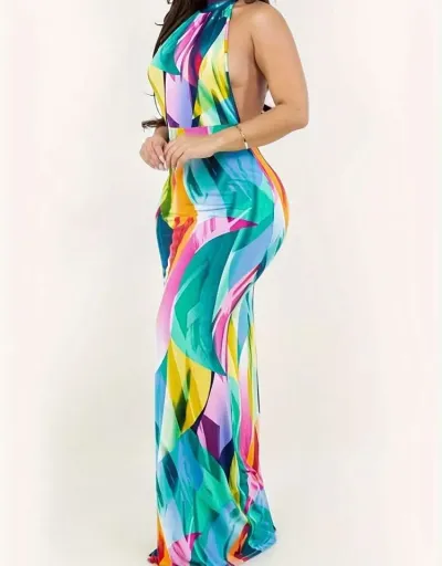 Replica Colorblock Halter Backless Maxi Dress #802986 $37.97 USD for Wholesale