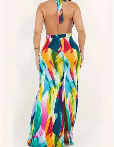 Replica Colorblock Halter Backless Maxi Dress #802986 $37.97 USD for Wholesale