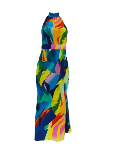 Replica Colorblock Halter Backless Maxi Dress #802986 $37.97 USD for Wholesale