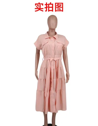 Replica Solid Color Waist Tie A-line Short Sleeve Dress #802987 $53.66 USD for Wholesale