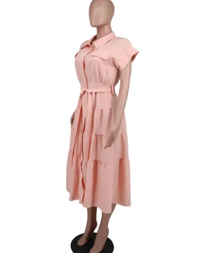 Replica Solid Color Waist Tie A-line Short Sleeve Dress #802987 $53.66 USD for Wholesale