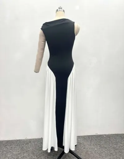 Replica Colorblock Inclined Shoulder Ruched Maxi Dress #803008 $60.37 USD for Wholesale