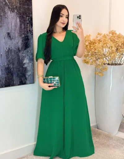 Plain Color Tie-wrap V Neck Maxi Dress #803011 $40.59 USD, Wholesale Fashion 