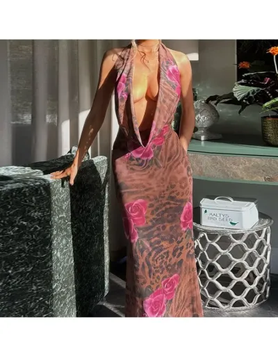 Replica Sexy Flower Printed Wing Neck Backless Halter Maxi Dress #803018 $30.38 USD for Wholesale