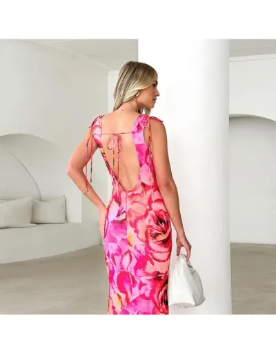 Replica Elegant Floral Printed Tie-wrap V Neck Sleeveless Maxi Dress #803019 $36.63 USD for Wholesale