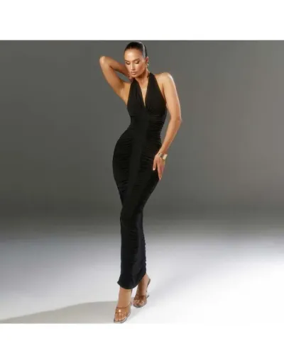 Ruched Deep V Neck Backless Maxi Dress #803030 $40.00 USD, Wholesale Fashion 